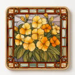 Square wooden coaster featuring a stained glass style Yellow Impatiens flower arrangement with warm yellow and golden-orange blooms, lush green foliage, and an elegant Art Nouveau inspired stained glass border. Decorative floral wood coaster perfect for home décor, coffee tables, garden lovers, botanical gifts, nature enthusiasts, and stylish drinkware accessories.