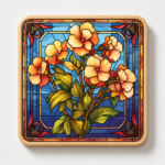 Square wooden coaster featuring a stained glass style Peach Begonia flower arrangement with soft peach, cream, and coral blossoms, vibrant green foliage, and an elegant blue decorative stained glass background. Botanical wood coaster perfect for coffee tables, home décor, floral gifts, cottagecore aesthetics, garden enthusiasts, and nature-inspired drinkware accessories.