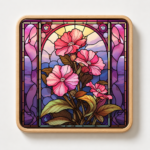 Square wooden coaster featuring a stained glass style Pink Hollyhock flower arrangement with vibrant pink blossoms, rich green foliage, and an elegant purple and blue decorative stained glass background. Botanical wood coaster perfect for coffee tables, home décor, floral gifts, cottagecore aesthetics, garden enthusiasts, and nature-inspired drinkware accessories.