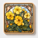 Square wooden coaster featuring a stained glass style Yellow Pansy flower arrangement with bright golden-yellow blooms, lush green foliage, and an elegant decorative stained glass border. Botanical wood coaster perfect for home décor, coffee tables, floral gifts, garden lovers, nature enthusiasts, and decorative drinkware accessories.