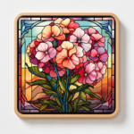 Square wooden coaster featuring a vibrant stained glass style Pink Petunia flower bouquet with shades of pink, coral, and blush blooms, surrounded by green foliage and a colorful sunset-inspired background. Decorative floral wood coaster ideal for coffee tables, home décor, gifts, botanical art lovers, and nature-inspired drinkware accessories.