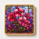 Square wooden coaster featuring a stained glass style Pink Petunia flower design with vibrant pink blooms, rich purple background tones, and decorative Art Nouveau-inspired borders. Durable wood drink coaster ideal for home décor, coffee tables, gifts, floral enthusiasts, and botanical-inspired accessories.
