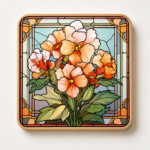 Square wooden coaster featuring a stained glass style Peach Impatiens flower design with soft peach, coral, and cream blooms, lush green foliage, and decorative Art Nouveau-inspired borders. Durable wood drink coaster ideal for home décor, coffee tables, gifts, floral enthusiasts, and botanical-inspired accessories.