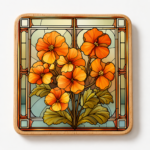 Square wooden coaster featuring a stained glass style Orange Pansy flower design with vibrant orange and golden-yellow blooms, green foliage, and geometric Art Nouveau-inspired borders. Durable wood drink coaster ideal for home décor, coffee tables, gifts, floral enthusiasts, and botanical-inspired accessories.