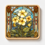 Square wooden coaster featuring a stained glass style Yellow Pansy flower design with soft yellow blooms, green foliage, and elegant Art Nouveau-inspired mosaic borders. Durable wood drink coaster ideal for home décor, coffee tables, gifts, floral enthusiasts, and botanical-inspired accessories.