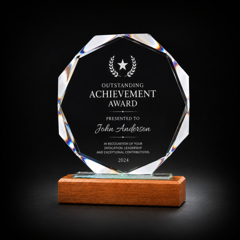 Personalized crystal achievement award trophy with laser engraving, multi-faceted crystal design, and elegant wooden base for corporate recognition and employee awards.