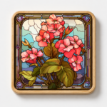 Square wooden coaster featuring a stained glass style Pink Begonia flower design with vibrant pink blooms, lush green foliage, and ornate decorative borders. Durable wood drink coaster ideal for home décor, coffee tables, gifts, floral enthusiasts, and botanical-inspired accessories.