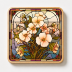 Square wooden coaster featuring a stained glass style Dogwood blossom design with cream-white flowers, green foliage, and decorative mosaic borders. Floral wooden drink coaster with a vintage art aesthetic, ideal for coffee tables, home décor, gifts, nature lovers, and botanical-themed accessories.