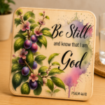 Inspirational wooden coaster featuring the Bible verse “Be Still and Know That I Am God” from Psalm 46:10. Designed with beautiful purple plums, pink blossoms, and lush green leaves on a natural wood grain background accented with soft watercolor splashes. Faith-based Christian décor perfect for coffee tables, desks, kitchens, prayer rooms, and devotional spaces. A meaningful religious gift for Christians, pastors, mothers, friends, church members, Bible study groups, housewarmings, birthdays, and everyday encouragement. Rustic farmhouse-style coaster with vibrant UV-printed artwork and an uplifting message of faith and peace.