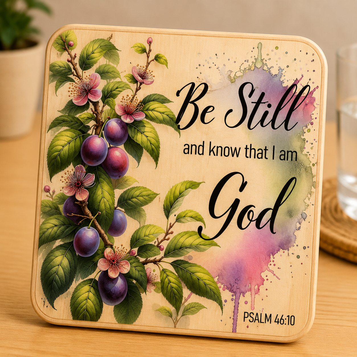 Be Still and Know That I Am God Wooden Coaster – Christian Scripture Coaster (Psalm 46:10) Inspirational wooden coaster featuring the Bible verse “Be Still and Know That I Am God” from Psalm 46:10. Designed with beautiful purple plums, pink blossoms, and lush green leaves on a natural wood grain background accented with soft watercolor splashes. Faith-based Christian décor perfect for coffee tables, desks, kitchens, prayer rooms, and devotional spaces. A meaningful religious gift for Christians, pastors, mothers, friends, church members, Bible study groups, housewarmings, birthdays, and everyday encouragement. Rustic farmhouse-style coaster with vibrant UV-printed artwork and an uplifting message of faith and peace.