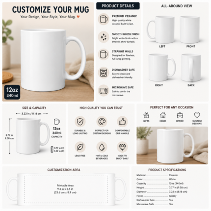 Customizable 12oz white ceramic coffee mug with printable wrap-around design area, product dimensions, all-around views, dishwasher-safe and microwave-safe features, and personalization options for photos, logos, and custom artwork.