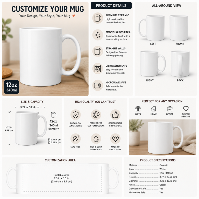 Customizable 12oz white ceramic coffee mug with printable wrap-around design area, product dimensions, all-around views, dishwasher-safe and microwave-safe features, and personalization options for photos, logos, and custom artwork.