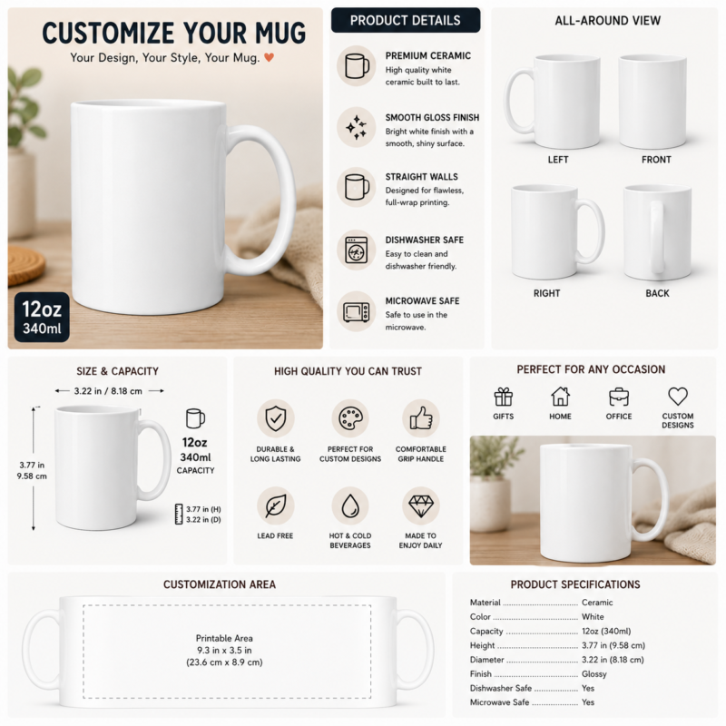 Customizable 12oz white ceramic coffee mug with printable wrap-around design area, product dimensions, all-around views, dishwasher-safe and microwave-safe features, and personalization options for photos, logos, and custom artwork.