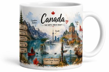 Ceramic coffee mug featuring iconic Canadian destinations and landmarks including Banff National Park, Niagara Falls, Toronto, Vancouver, Québec City, Canadian Rockies, wildlife, and scenic landscapes. Perfect souvenir mug for Canada lovers and travelers.