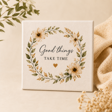 Good Things Take Time custom canvas fridge magnet featuring an elegant floral wreath design on a premium mini canvas. Personalized refrigerator magnet ideal for inspirational quotes, custom photos, family keepsakes, wedding gifts, anniversary gifts, memorial gifts, farmhouse décor, and motivational home accents. Durable mini canvas magnet with vibrant print quality, strong magnetic backing, and beautiful floral artwork for refrigerators, lockers, and office spaces.