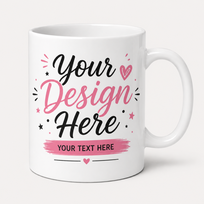White ceramic coffee mug with customizable design area featuring “Your Design Here” and personalized text placeholder, ideal for custom photo mugs, logo mugs, and personalized gift mugs.