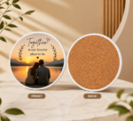 Personalized photo coaster featuring a custom couple photo and meaningful quote on a round coaster with cork backing, perfect for wedding gifts, anniversary gifts, couples gifts, and personalized home decor.