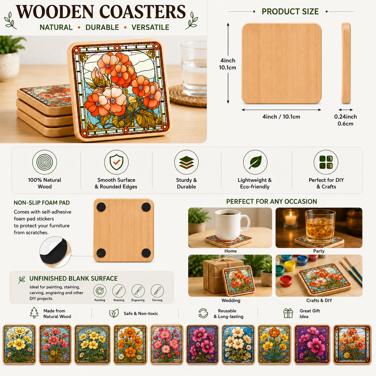 Blank Wooden Coasters for Crafts – Square Natural Wood Coasters for DIY, Painting & Engraving Set of square blank wooden coasters made from natural wood with smooth rounded edges and non-slip foam pads. Ideal for laser engraving, UV printing, painting, staining, carving, resin art, personalized gifts, home décor, weddings, and DIY craft projects. 4-inch unfinished wood coasters.