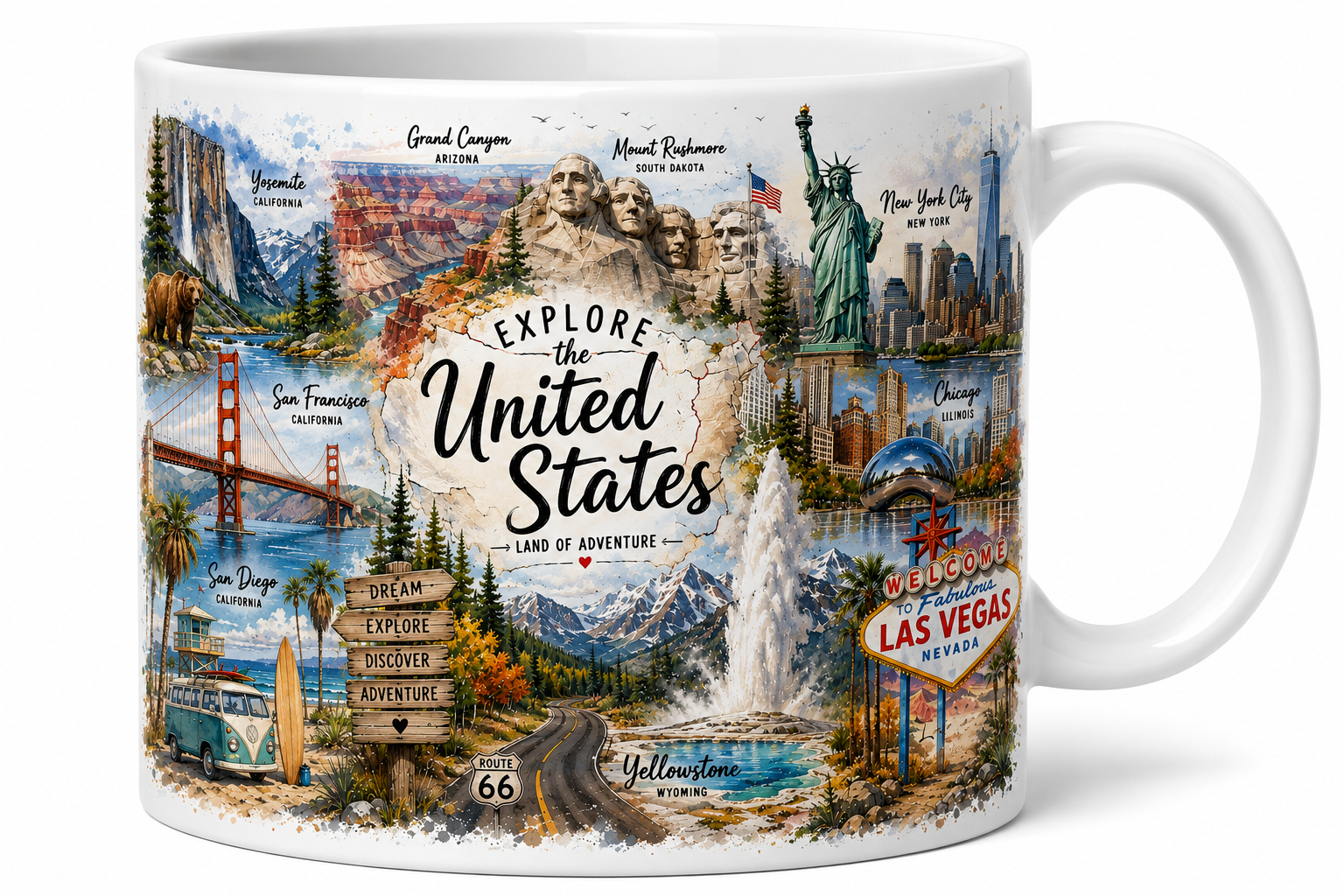 Explore the United States Travel Mug – American Landmarks Ceramic Coffee Mug White ceramic travel mug featuring famous United States landmarks including Yosemite National Park, Grand Canyon, Mount Rushmore, Statue of Liberty, New York City, Chicago, Golden Gate Bridge, San Diego, Yellowstone, Route 66, and Las Vegas. Vibrant USA-themed souvenir coffee mug for travelers and adventure lovers.