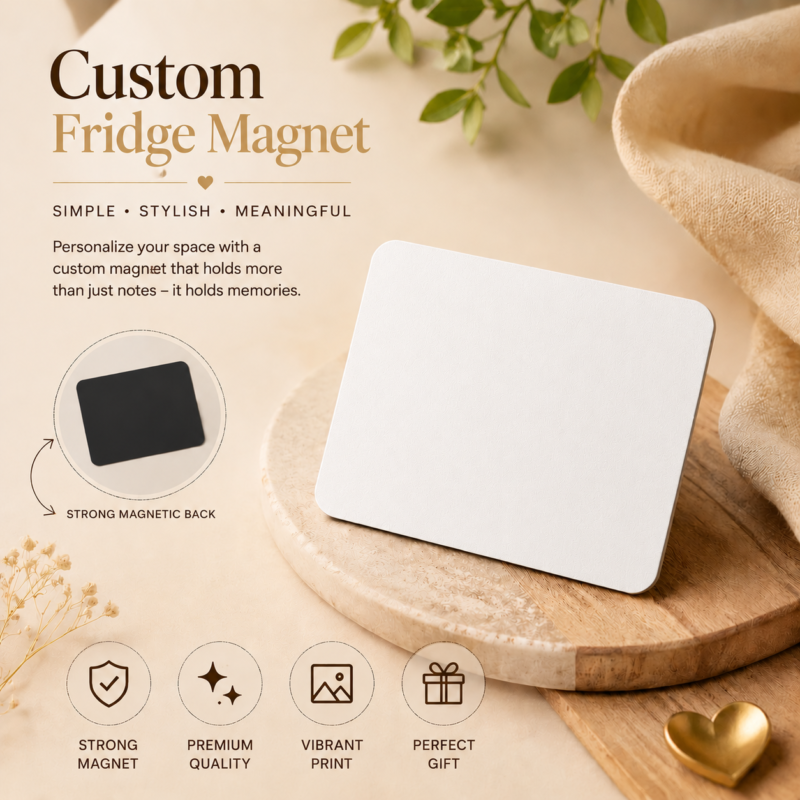Custom fridge magnet blank magnet with strong magnetic backing for personalized photo printing. Premium quality refrigerator magnet ideal for custom family photos, wedding keepsakes, memorial gifts, anniversary gifts, baby announcements, business promotions, and personalized home décor. Durable custom photo magnet with vibrant print surface and strong magnet backing.