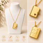 Gold stainless steel book locket necklace with heart cutout detail and customizable engraved cover. Elegant mini book pendant on a gold chain featuring a timeless design, durable stainless steel construction, and personalized engraving options. Perfect gift for birthdays, anniversaries, Mother's Day, Valentine's Day, graduations, and meaningful keepsake jewelry collections.