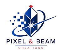 Pixel & Beam Creations company logo featuring a blue crystal diamond with digital pixel elements and starburst design. Canadian personalized gifts and custom engraving business specializing in 3D crystal engraving, laser engraving, UV printing, custom jewelry, photo gifts, tumblers, and keepsakes.