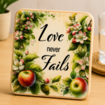 Decorative wooden coaster featuring the inspirational phrase "Love Never Fails" surrounded by beautiful apple blossoms, red and green apples, flower buds, and lush green foliage. Faith-inspired Christian coaster with elegant watercolor botanical artwork and natural wood finish, perfect for home décor, Christian gifts, weddings, anniversaries, Bible study groups, and everyday encouragement.