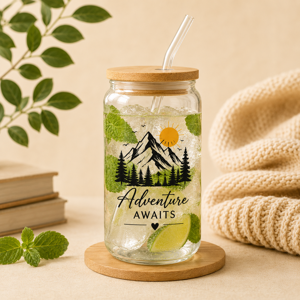 Personalized Beer Can Glass with Bamboo Lid & Glass Straw | Adventure Awaits 16oz Glass Cup SEO Title Personalized Beer Can Glass with Bamboo Lid & Glass Straw | Adventure Awaits 16oz Glass Cup SEO Alt Text Personalized beer can glass with bamboo lid and reusable glass straw featuring an Adventure Awaits mountain design, custom UV printed on a 16oz drinking glass.