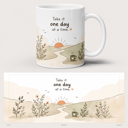 White ceramic coffee mug featuring the inspirational quote “Take it one day at a time” with a calming sunrise landscape, winding path, wildflowers, and cozy coffee cup illustration. Motivational mug perfect for daily encouragement, self-care, and mindfulness.