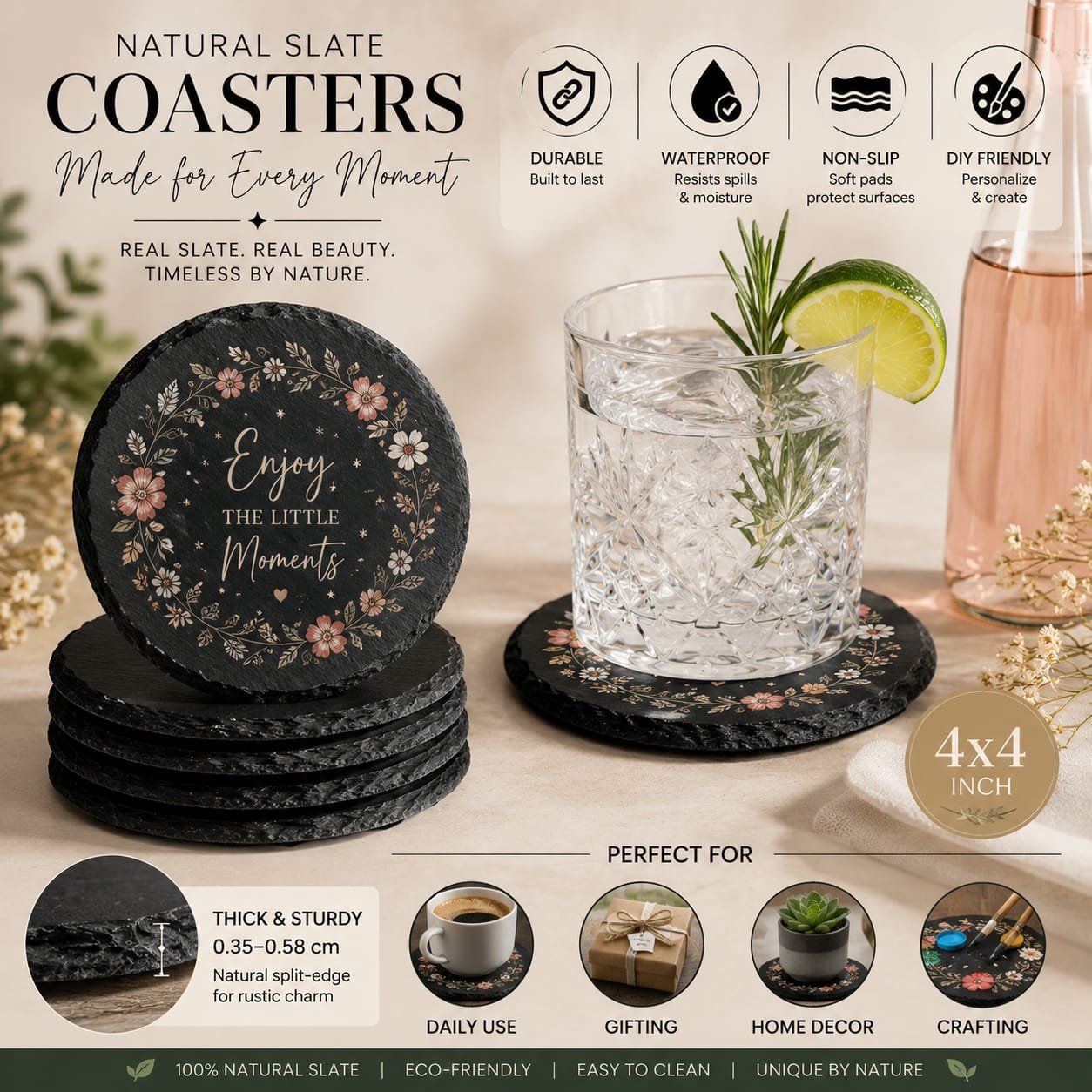 Personalized Natural Slate Coaster – Enjoy The Little Moments Floral Design Personalized natural slate coaster featuring the quote "Enjoy The Little Moments" with floral wreath design, rustic stone finish, and custom gift coaster for home décor and drinkware protection.
