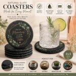 Personalized natural slate coaster featuring the quote "The Best Memories Are Made Around The Table" with elegant greenery wreath design, rustic stone finish, and custom drink coaster for home décor and gifting.