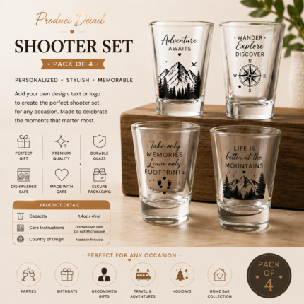 Custom shooter set pack of 4 featuring personalized UV printed designs, names, logos, and text on premium glass shooter glasses, perfect for parties, birthdays, groomsmen gifts, home bars, and special occasions.