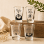 Custom shot glass set of 4 featuring personalized adventure-themed designs with mountains, compass graphics, inspirational quotes, and custom UV printing on premium glass shot glasses.