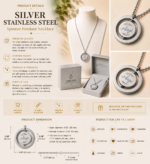 Personalized silver stainless steel spinner pendant necklace with custom engraved name design and gift box. Rotating spinner necklace featuring premium stainless steel construction, durable tarnish-resistant finish, customizable engraved pendant, timeless minimalist jewelry style, and meaningful gift for birthdays, anniversaries, graduations, Mother's Day, Valentine's Day, weddings, and special occasions.
