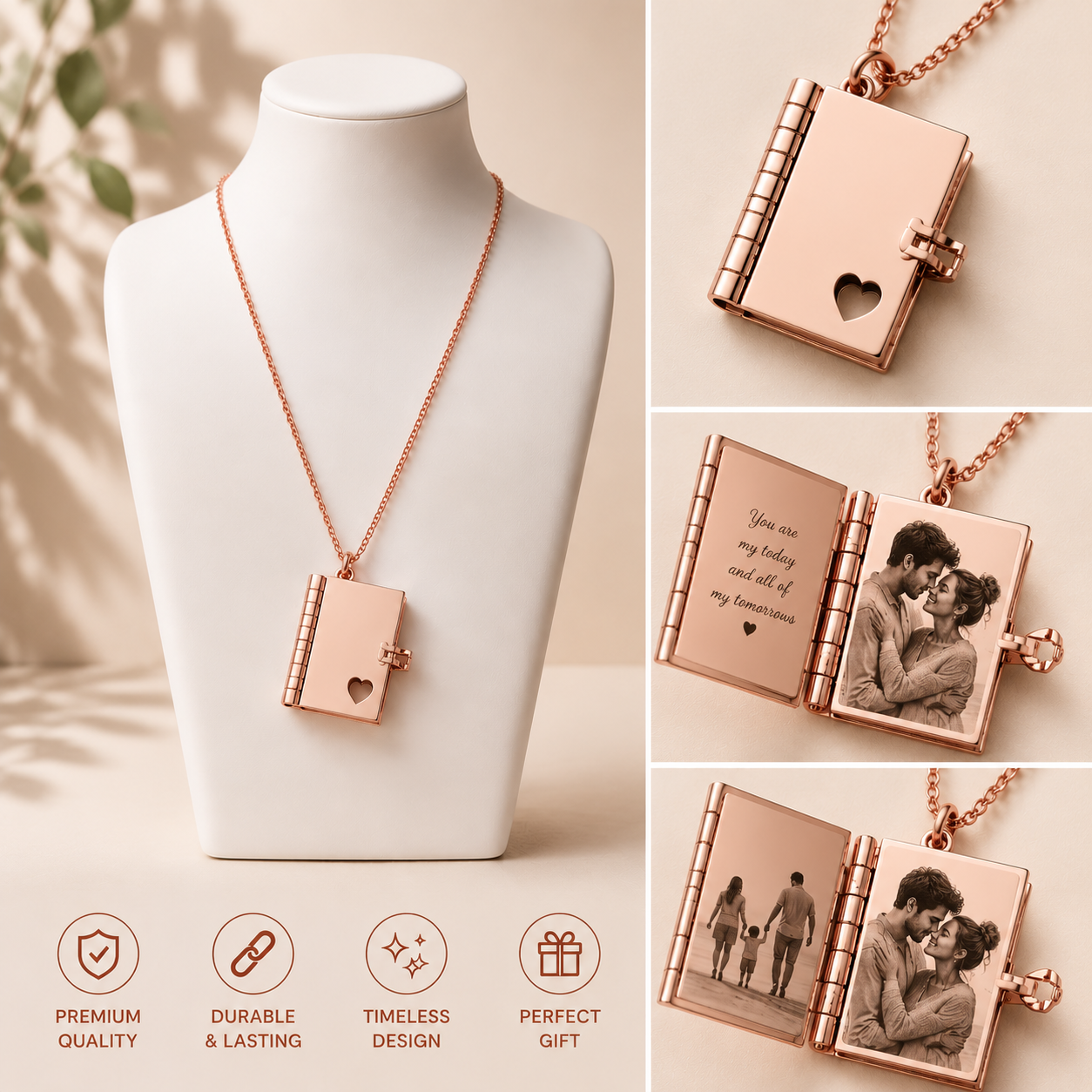 Rose Gold Custom Photo Book Locket Necklace Personalized Memory Pendant Gift Rose Gold Custom Photo Book Locket Necklace featuring a personalized mini photo album pendant with heart-shaped cutout and custom photo inserts. Elegant stainless steel memory necklace in rose gold finish, perfect for couples, anniversaries, weddings, Valentine's Day, Mother's Day, memorial gifts, and personalized keepsakes. A unique photo locket pendant designed to preserve cherished memories in a timeless and meaningful gift.