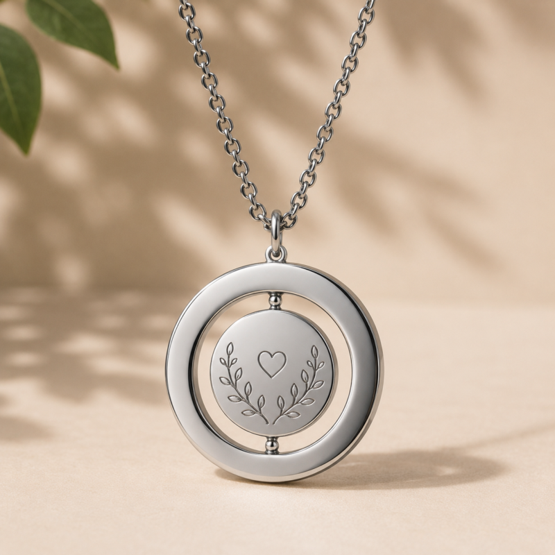Silver stainless steel spinner pendant necklace featuring a rotating circular design with heart and leaf engraving details. Personalized engraved necklace crafted from durable stainless steel, perfect as a custom gift for women, anniversaries, birthdays, Mother's Day, Valentine's Day, memorial keepsakes, and everyday jewelry wear.