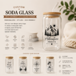 Personalized soda glass with bamboo lid and glass straw featuring custom UV printed designs, logos, and text on a reusable 16oz glass cup by Pixel & Beam Creations.