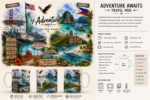 Adventure Awaits ceramic travel mug featuring United States and Philippines landmarks including the Statue of Liberty, Golden Gate Bridge, Las Vegas, El Nido, Banaue Rice Terraces, and Vigan.
