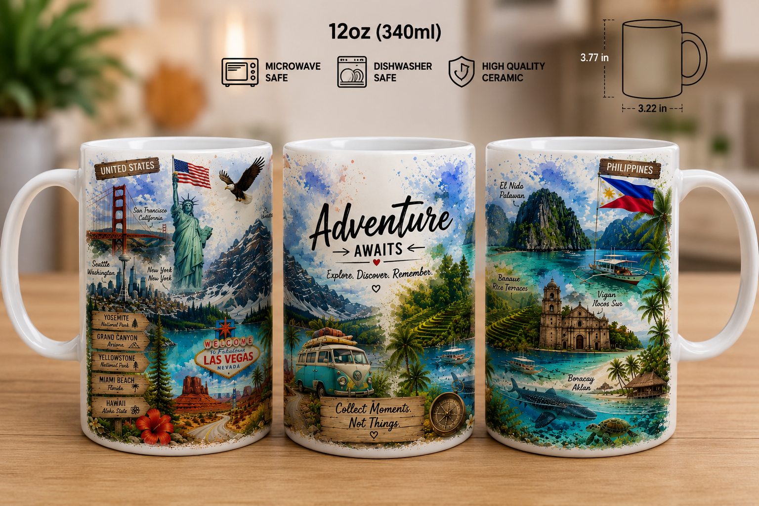 Adventure Awaits USA & Philippines Coffee Mug – 12oz Ceramic Travel Mug Adventure Awaits 12oz ceramic coffee mug featuring famous landmarks from the United States and Philippines including the Golden Gate Bridge, Statue of Liberty, Las Vegas, El Nido Palawan, Banaue Rice Terraces, Vigan, and Boracay.