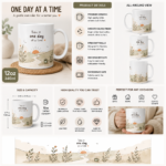 Inspirational ceramic coffee mug featuring the quote “Take it one day at a time” with a minimalist sunrise landscape, winding path, wildflowers, and cozy coffee cup illustration. Motivational 12oz mug perfect for mindfulness, self-care, positivity, home, office, and thoughtful gifts.