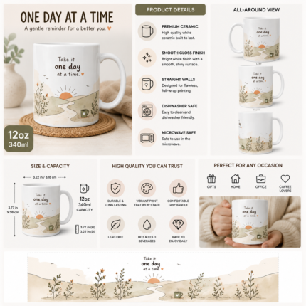 Inspirational ceramic coffee mug featuring the quote “Take it one day at a time” with a minimalist sunrise landscape, winding path, wildflowers, and cozy coffee cup illustration. Motivational 12oz mug perfect for mindfulness, self-care, positivity, home, office, and thoughtful gifts.