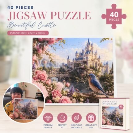 Beautiful Castle 40 piece jigsaw puzzle featuring a fantasy castle, blooming flowers, scenic lake, and bluebird artwork.