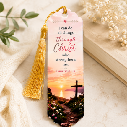 Christian acrylic bookmark featuring Philippians 4:13 scripture, sunset cross artwork, gold tassel, and inspirational faith-based design.