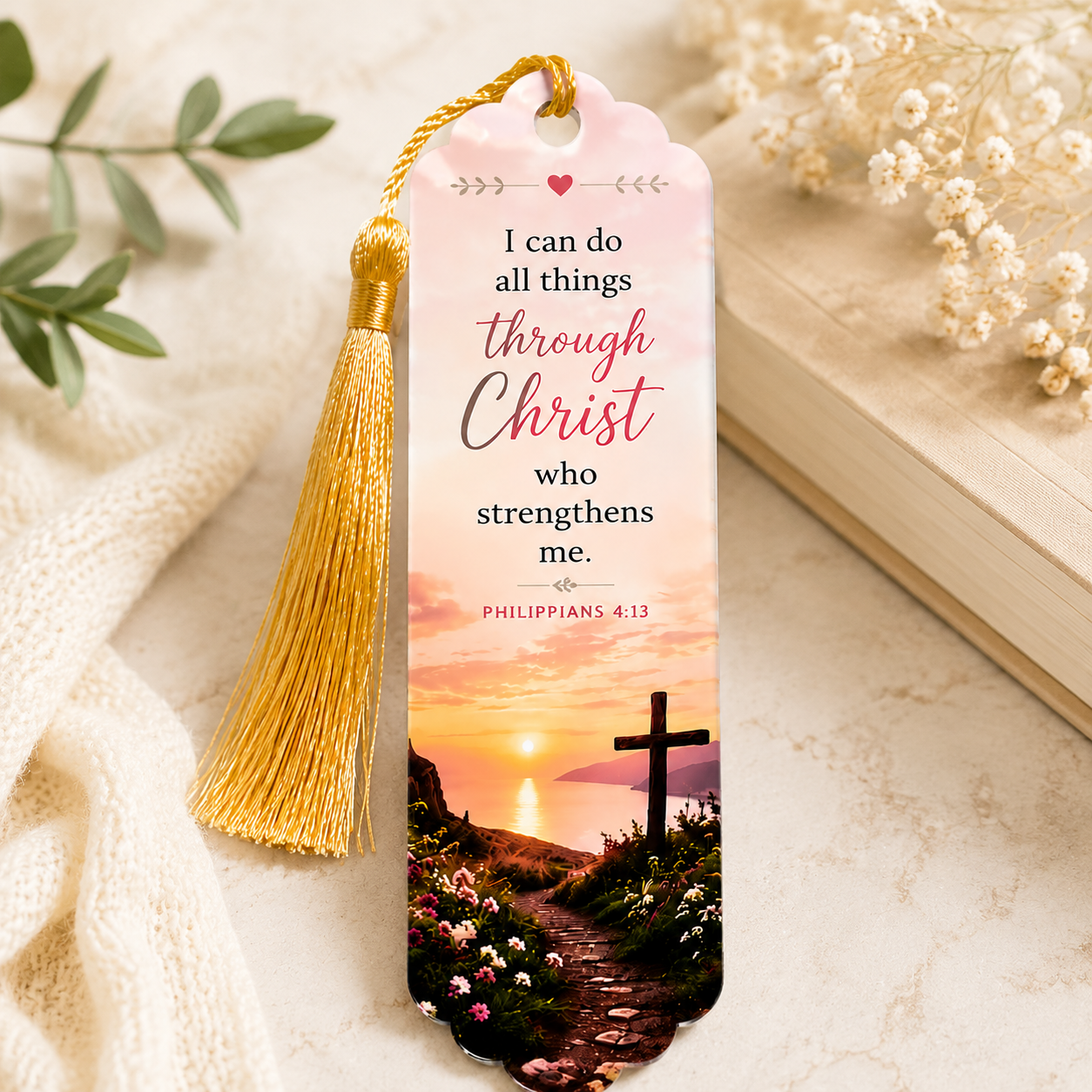 christian-acrylic-bookmark-philippians-413-faith-through-christ-1.jpg Christian acrylic bookmark featuring Philippians 4:13 scripture, sunset cross artwork, gold tassel, and inspirational faith-based design.
