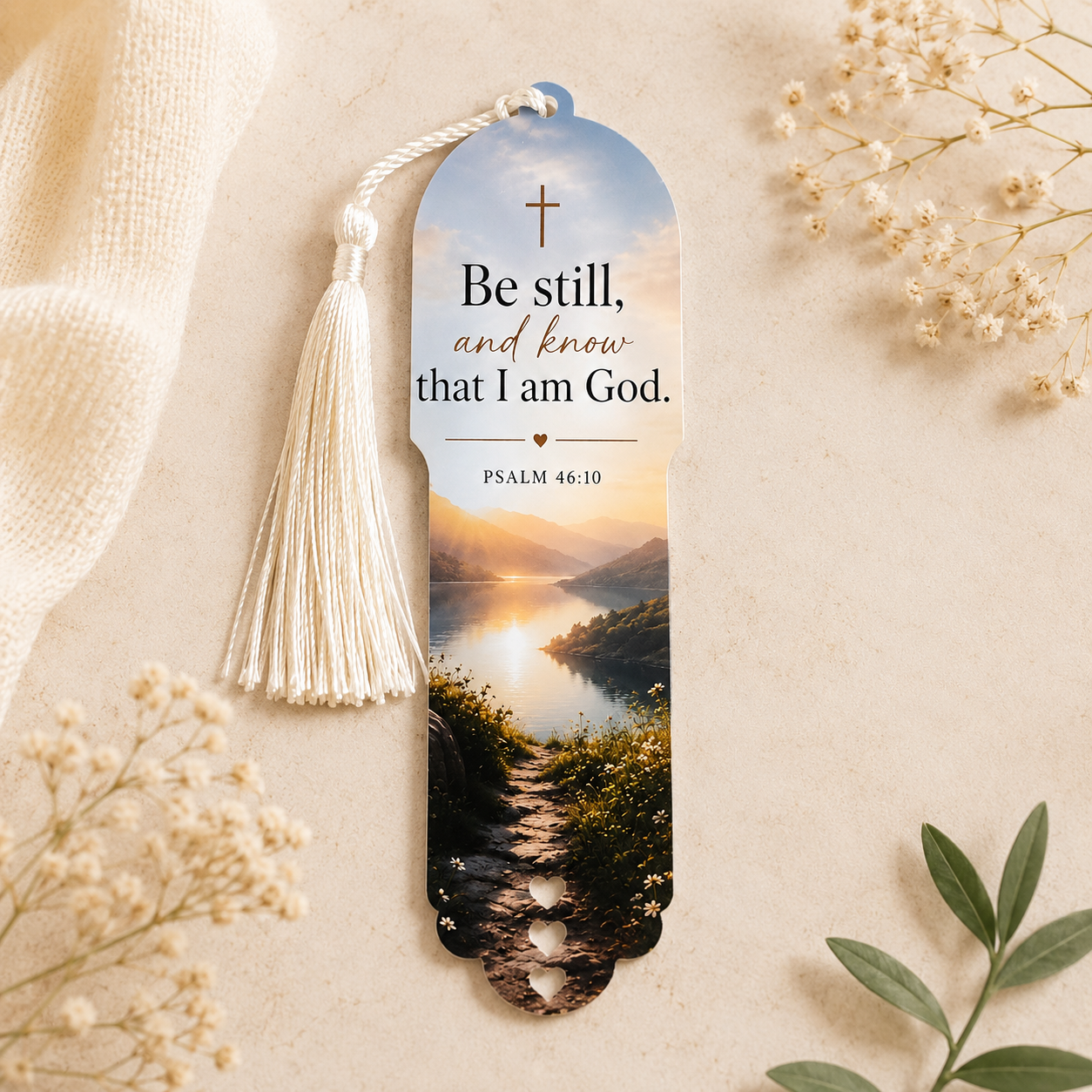 christian-acrylic-bookmark-psalm-46-10-be-still-1.jpg Christian acrylic bookmark featuring Psalm 46:10 "Be Still and Know That I Am God" with scenic mountain lake artwork and white tassel.