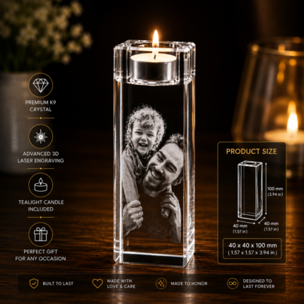 Personalized 3D crystal photo candle holder featuring laser engraved family portrait inside premium K9 crystal with tealight candle illumination.