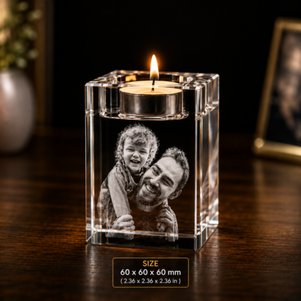 Personalized 3D crystal photo candle holder featuring laser engraved family portrait inside premium K9 crystal with tealight candle illumination.