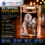 Personalized 3D crystal photo candle holder featuring laser engraved family portrait inside premium K9 crystal with tealight candle illumination.