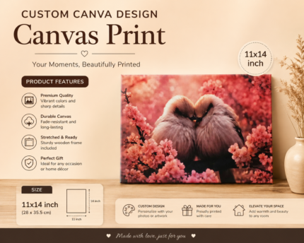 Personalized 11x14 custom canvas print featuring high-resolution photo artwork on premium gallery-wrapped canvas with wooden frame.