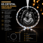 Personalized faceted crystal round ornament with custom laser engraved family portrait, brilliant crystal clarity, and elegant hanging display
